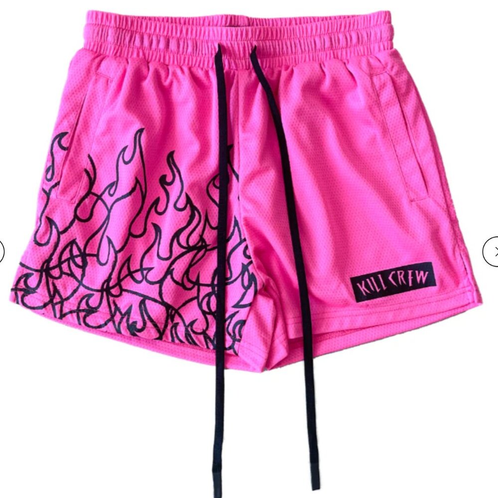 Kill Crew Pink Athletic Shorts with Black Flame Design